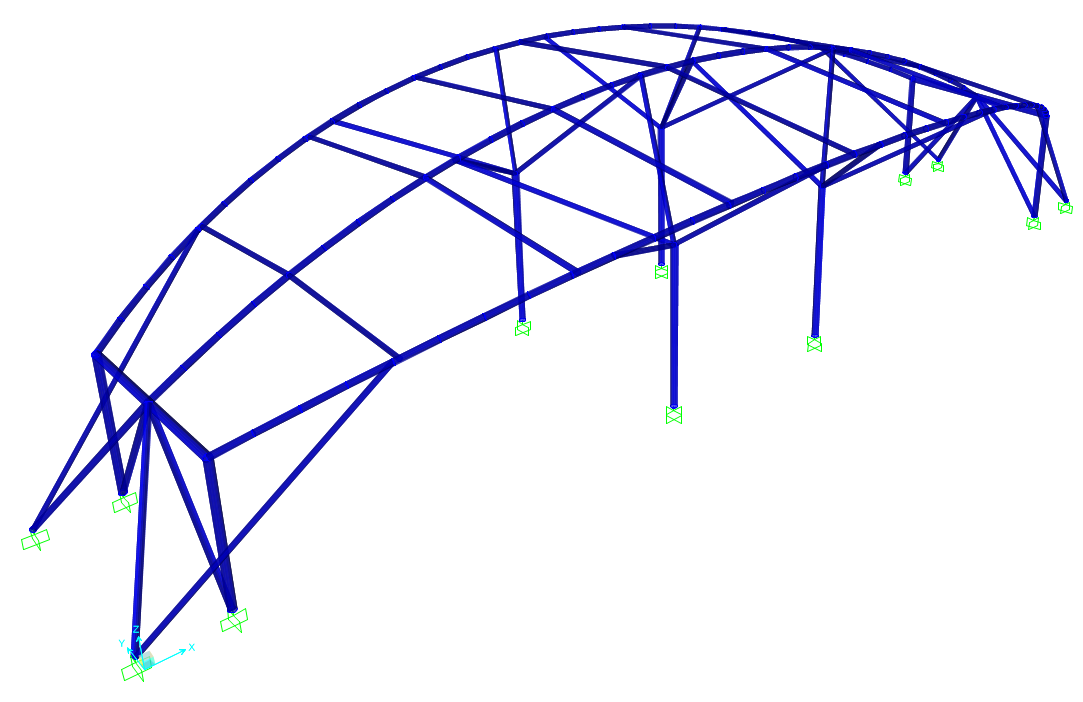 نمای سه‌بعدی کلی سازه فولادی (خروجی مدل تحلیلی)